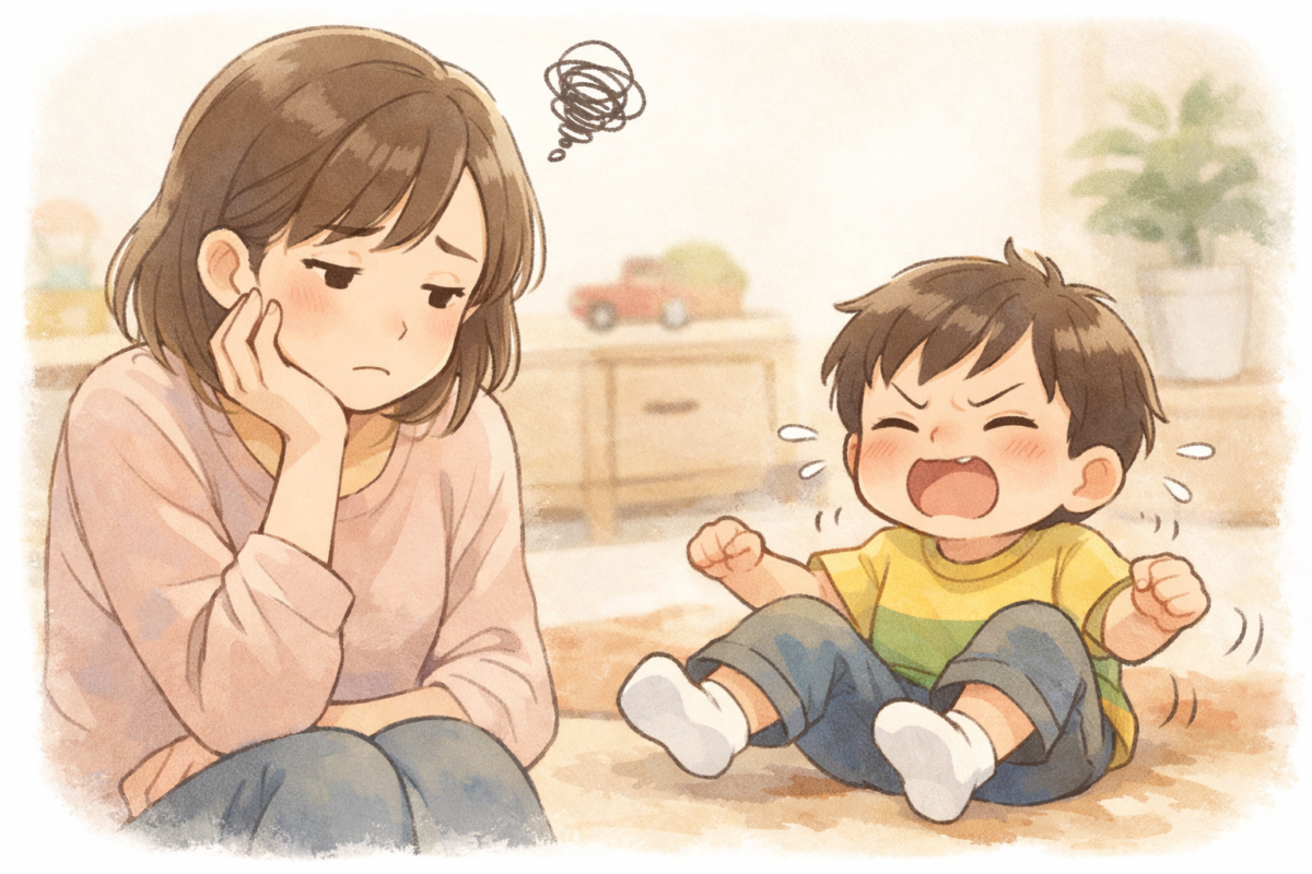 いやいや期で悩む母親とイヤイヤする息子のイラスト