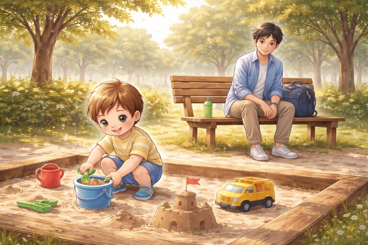 3歳児が遊んでいるのを見守る父親の図