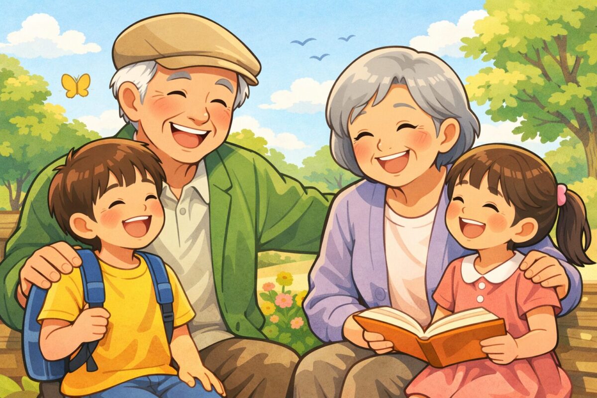 孫と楽しく過ごす祖父母のイメージ