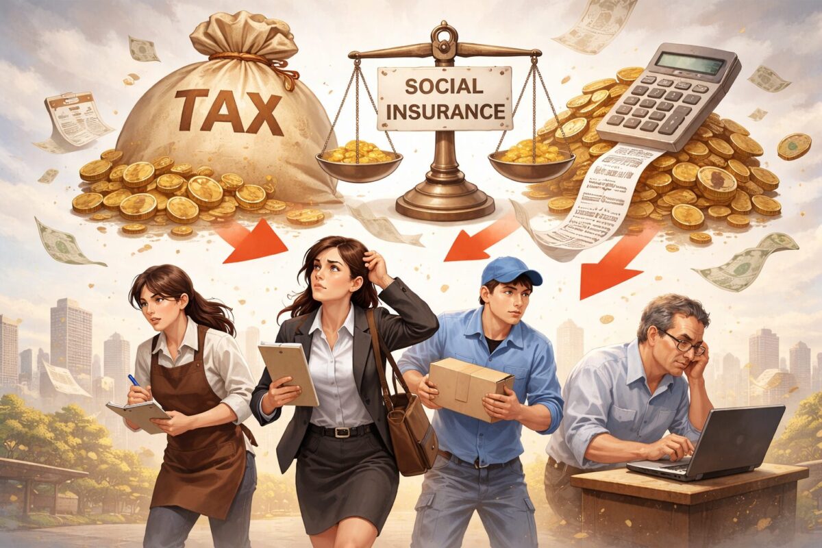 働く人たちが税や社会保険料に苦しめられる図