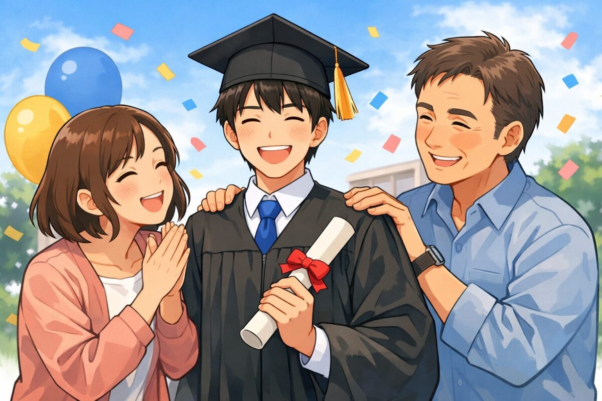 子どもの大学卒業を祝福する両親のイメージイラスト